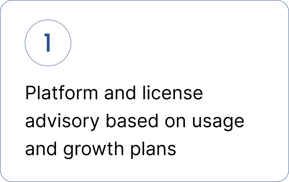 Platform and license advisory based on usage and growth plans